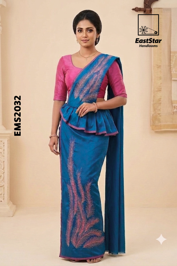 Deep Peacock Blue  Embroidery Silk Saree EMS2032
