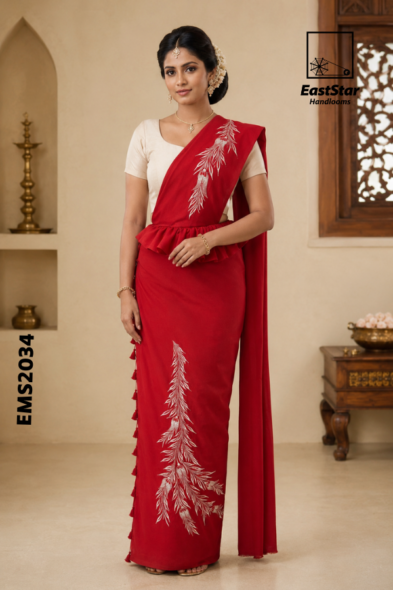 Red Embroidery Silk Saree EMS2034