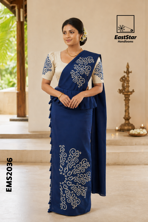 Royal Navy Blue Embroidery Silk Saree EMS2036