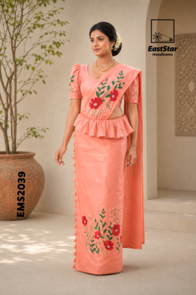 Soft Peach Coral  Embroidery Silk Saree EMS2039
