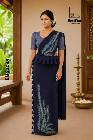 Deep Navy Blue Embroidery Silk Saree EMS2043