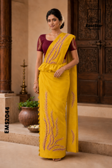 Mustard Yellow  Embroidery Silk Saree EMS2044