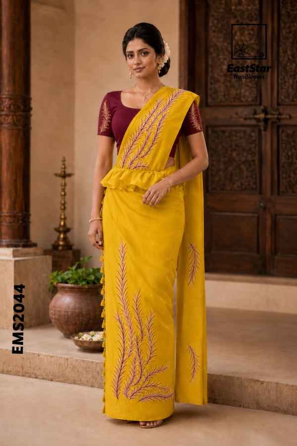Mustard Yellow  Embroidery Silk Saree EMS2044