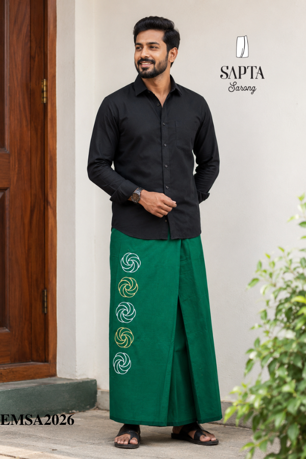 Green SAPTA Handloom Embroidery Cotton Sarong EMSA2026 Green SAPTA Handloom Embroidery Cotton Sarong EMSA2026