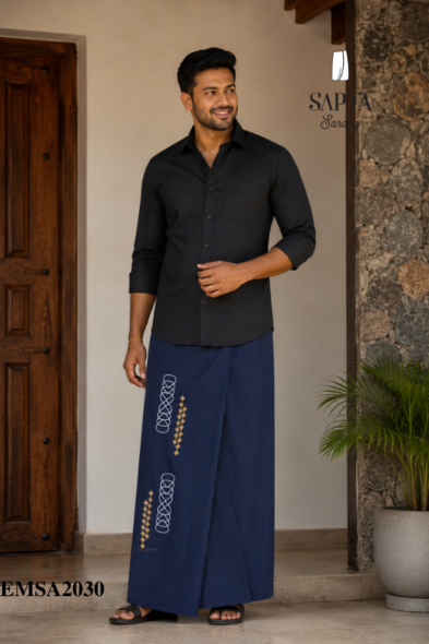 Navy Blue SAPTA Handloom  Embroidery Cotton Sarong EMSA2030