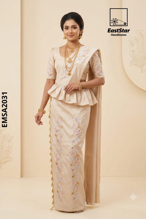 Ivory Cream  Embroidery Rayon Saree EMS2031