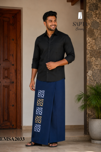 Navy Blue SAPTA Handloom  Embroidery Cotton Sarong EMSA2033