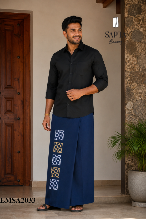 Navy Blue SAPTA Handloom Embroidery Cotton Sarong EMSA2033 Navy Blue SAPTA Handloom Embroidery Cotton Sarong EMSA2033