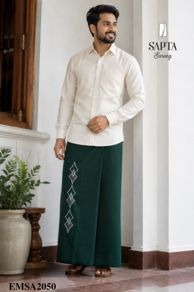 Deep Green SAPTA Handloom  Embroidery Cotton Sarong EMSA2050