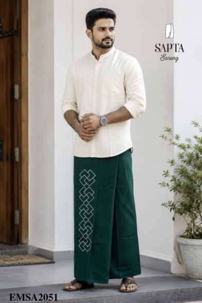 Deep Green SAPTA Handloom  Embroidery Cotton Sarong EMSA2051