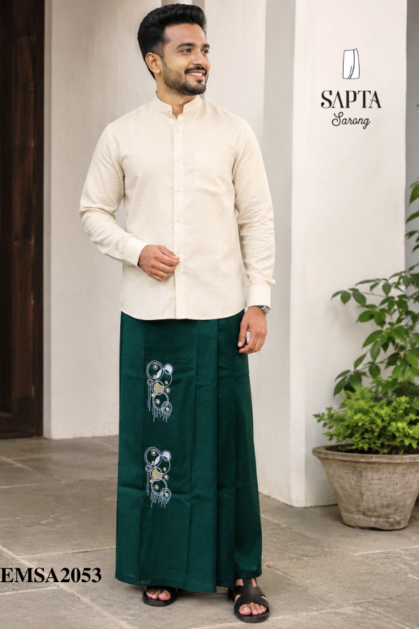Deep Emerald Green Handloom Embroidery Cotton Sarong EMSA2053 Deep Emerald Green Handloom Embroidery Cotton Sarong EMSA2053