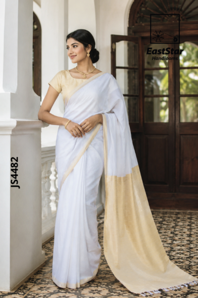 White With Cream Handloom Silk Saree JS4482