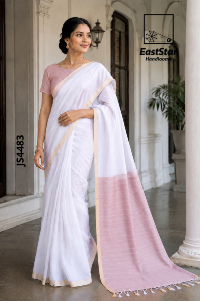 White- Dusty Pink Handloom Silk Saree JS4483