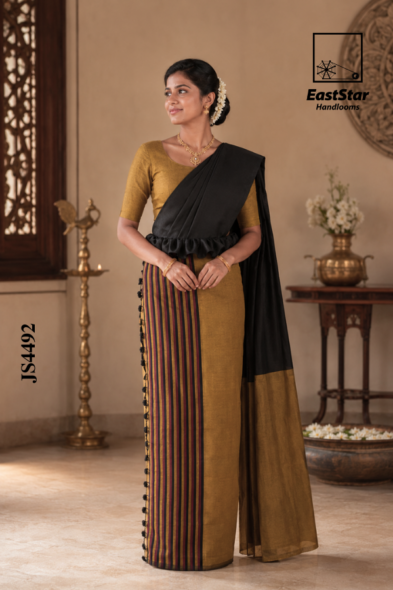 Mustard Gold  Black  Handloom Silk Saree JS4492