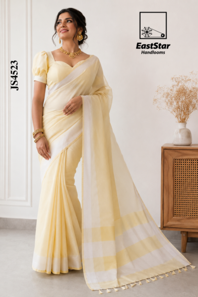 Butter Cream Yellow Handloom Silk Saree JS4523