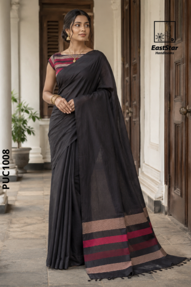 Black  Handloom Puni Cotton Saree PUC1008