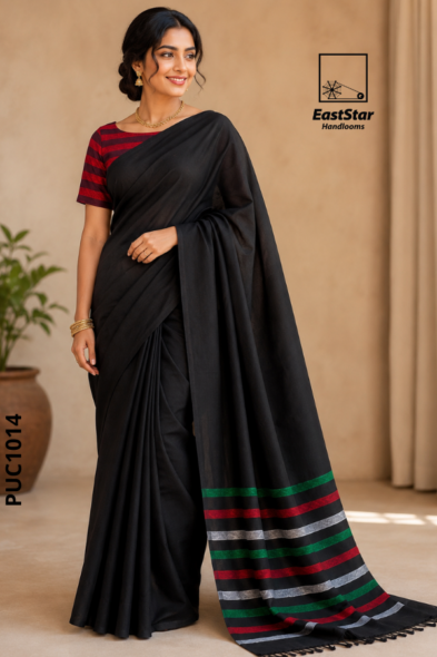 Black  Handloom Puni Cotton Saree PUC1014