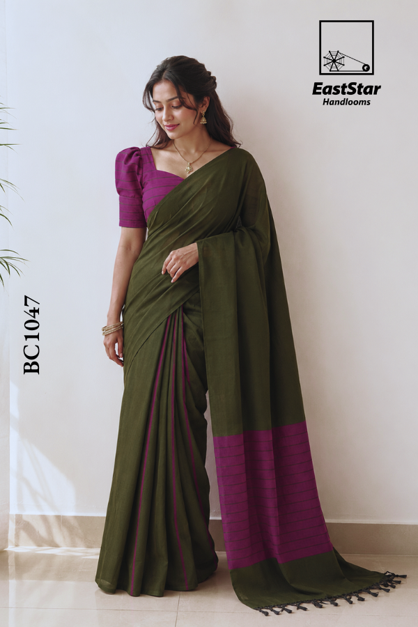 Olive Green Handloom Cotton Saree BC1047 Olive Green Handloom Cotton Saree BC1047