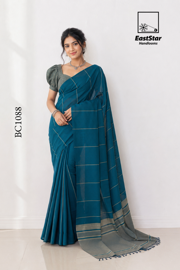 Teal Blue Handloom Cotton Saree BC1088