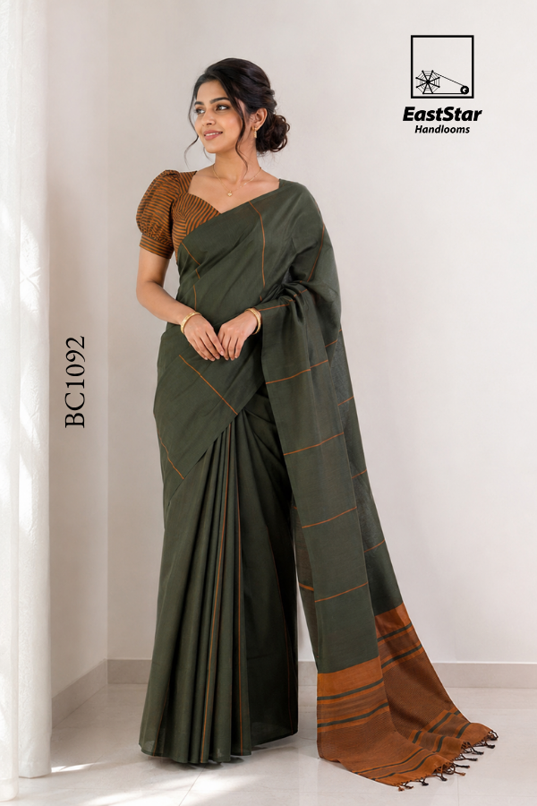 Olive Green Handloom Cotton Saree BC1092