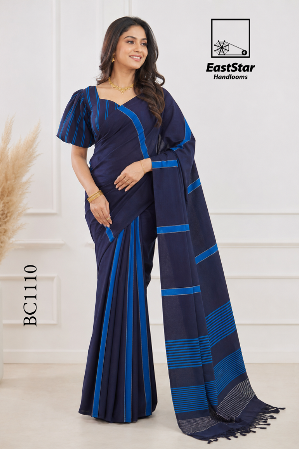 Navy Blue Handloom Cotton Saree BC1110 Navy Blue Handloom Cotton Saree BC1110