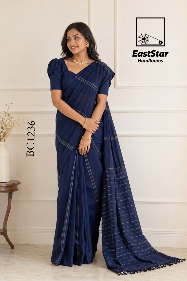 Deep Blue Gray Handloom Cotton Saree BC1236 Deep Blue Gray Handloom Cotton Saree BC1236