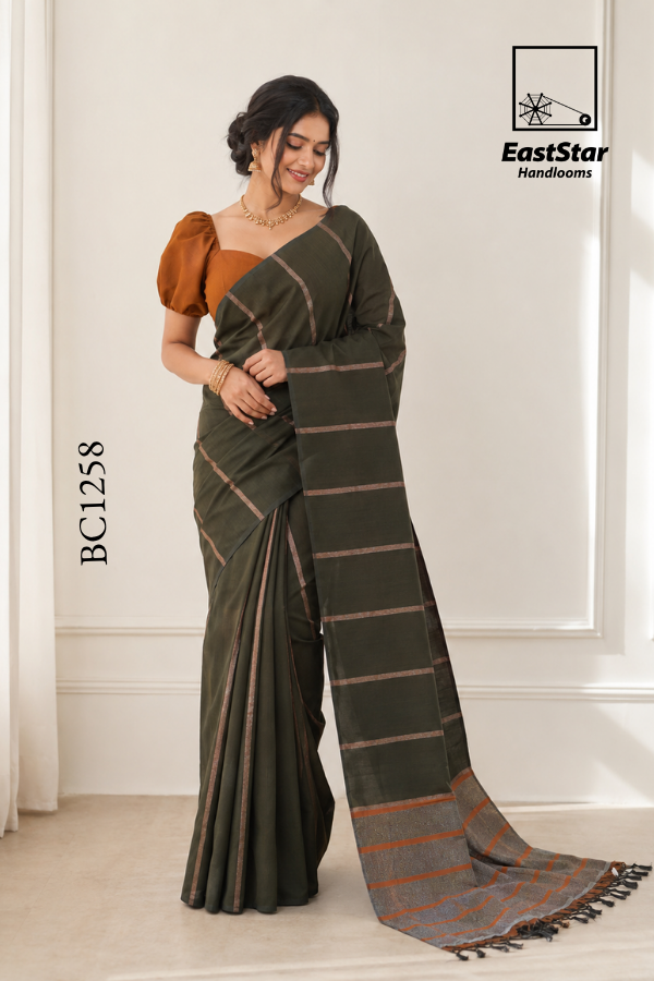 Olive Green Handloom Cotton Saree BC1258 Olive Green Handloom Cotton Saree BC1258