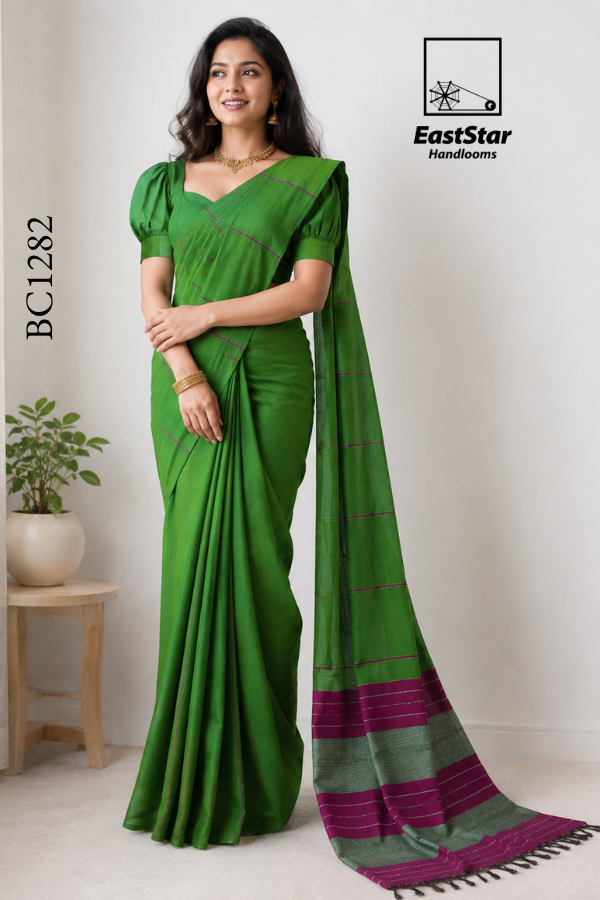 Leaf Green Handloom Cotton Saree BC1282 Leaf Green Handloom Cotton Saree BC1282