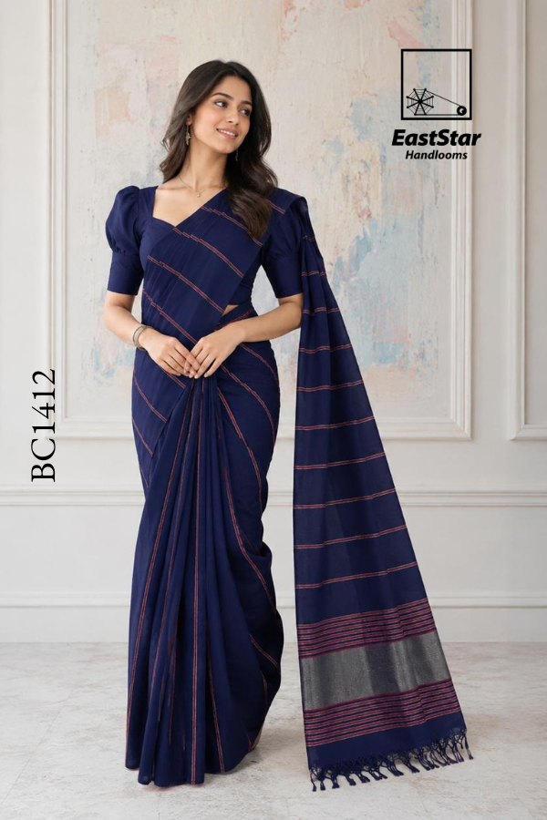 Navy Blue Handloom Cotton Saree BC1412 Navy Blue Handloom Cotton Saree BC1412