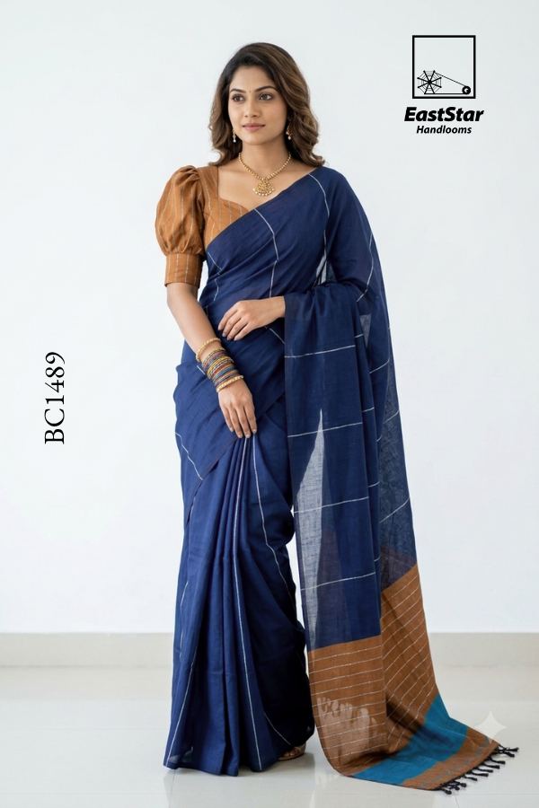 Navy Blue Handloom Cotton Saree BC1489