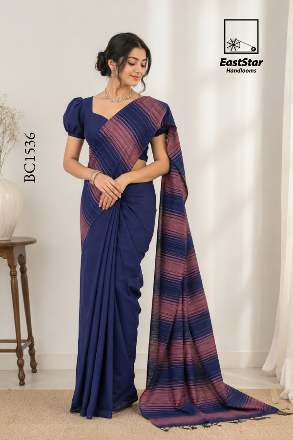 Navy Blue Handloom Cotton Saree BC1536 Navy Blue Handloom Cotton Saree BC1536