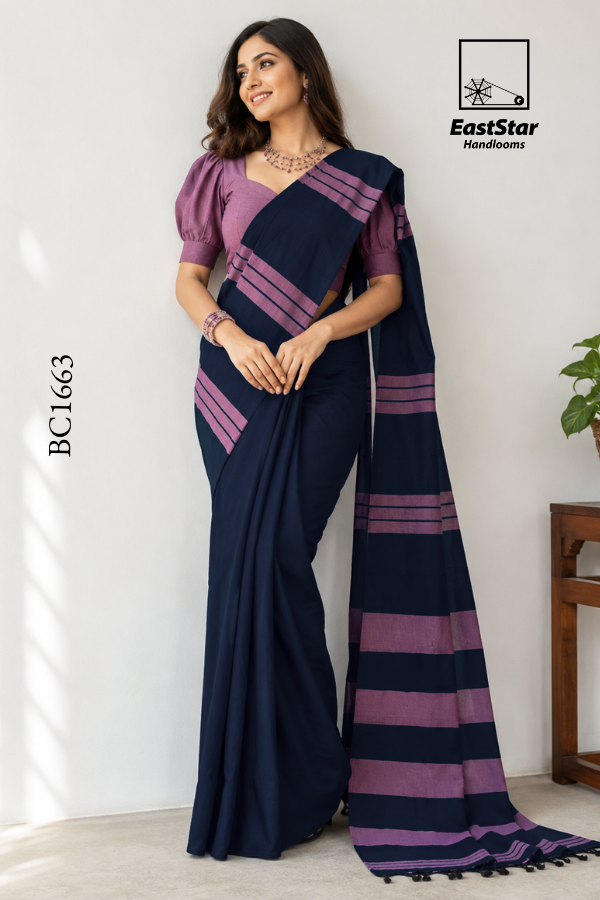 Navy Blue Handloom Cotton Saree BC1663 Navy Blue Handloom Cotton Saree BC1663
