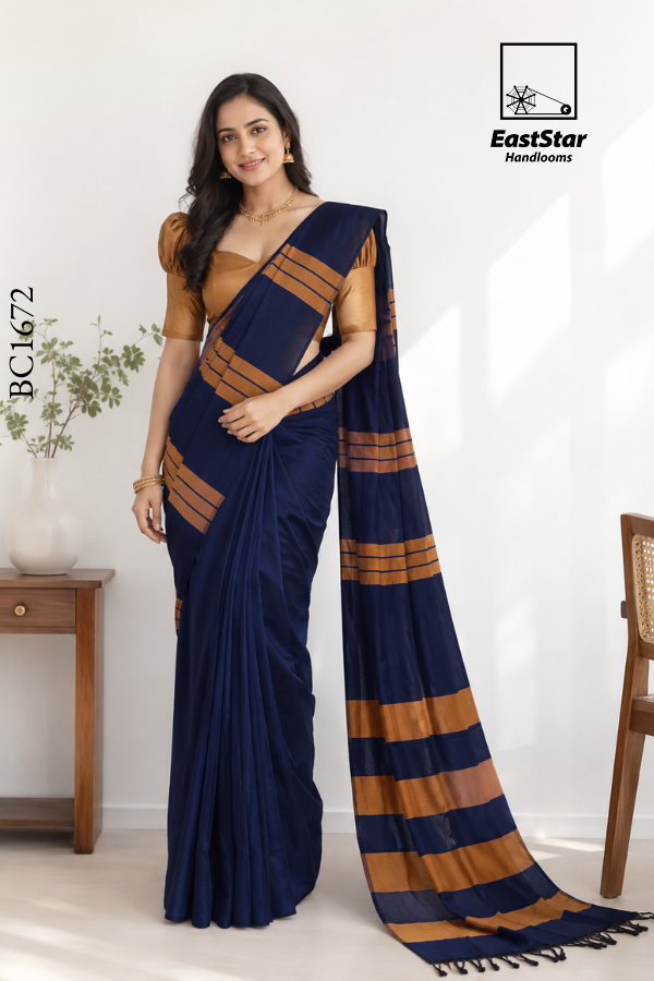 Navy Blue Handloom Cotton Saree BC1672 Navy Blue Handloom Cotton Saree BC1672