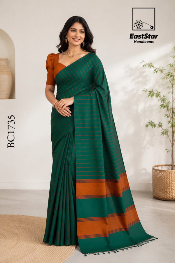 Deep Green Handloom Cotton Saree BC1735 Deep Green Handloom Cotton Saree BC1735