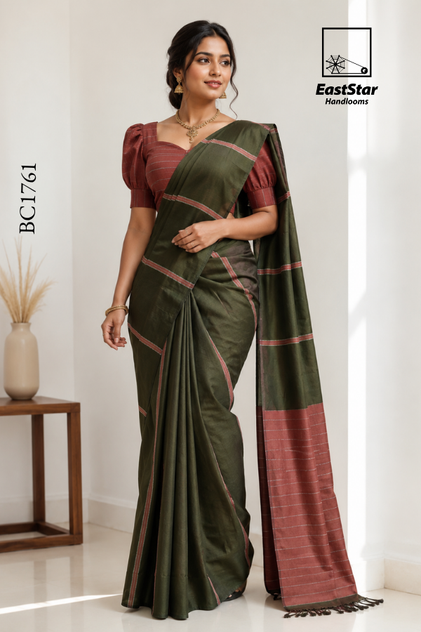 Olive Green Handloom Cotton Saree BC1761 Olive Green Handloom Cotton Saree BC1761