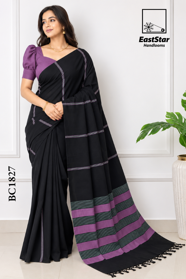 Black Handloom Cotton Saree BC1827 Black Handloom Cotton Saree BC1827