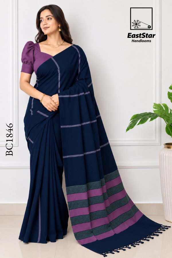 Navy Blue Handloom Cotton Saree BC1846 Navy Blue Handloom Cotton Saree BC1846