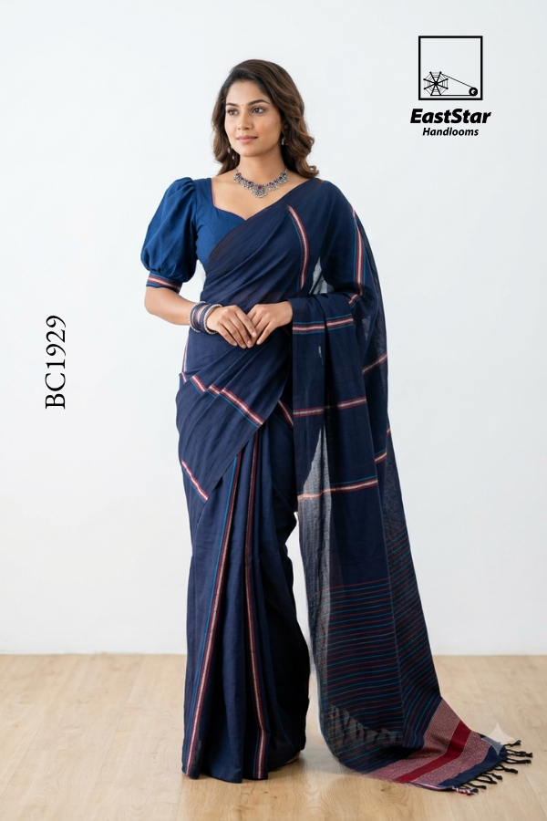 Navy Blue Handloom Cotton Saree BC1929
