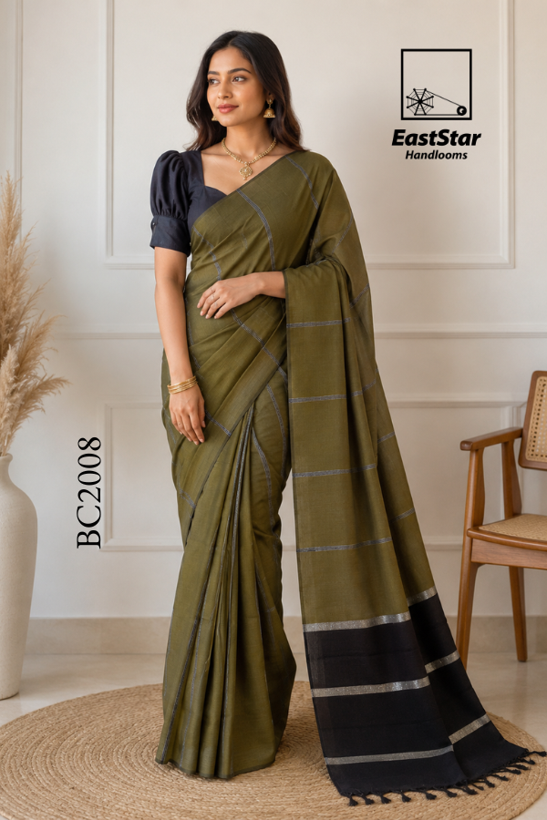 Olive Green Handloom Cotton Saree BC2008 Olive Green Handloom Cotton Saree BC2008