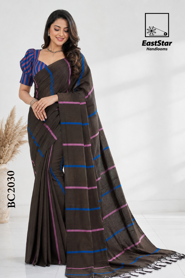 Dark Charcoal Brown Handloom Cotton Saree BC2030 Dark Charcoal Brown Handloom Cotton Saree BC2030