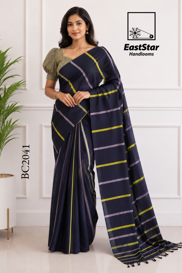 Deep Navy Handloom Cotton Saree BC2041 Deep Navy Handloom Cotton Saree BC2041