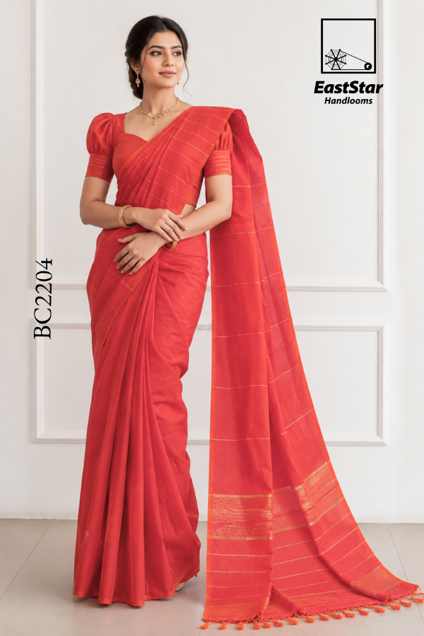 Coral Red Handloom Cotton Saree BC2204 Coral Red Handloom Cotton Saree BC2204
