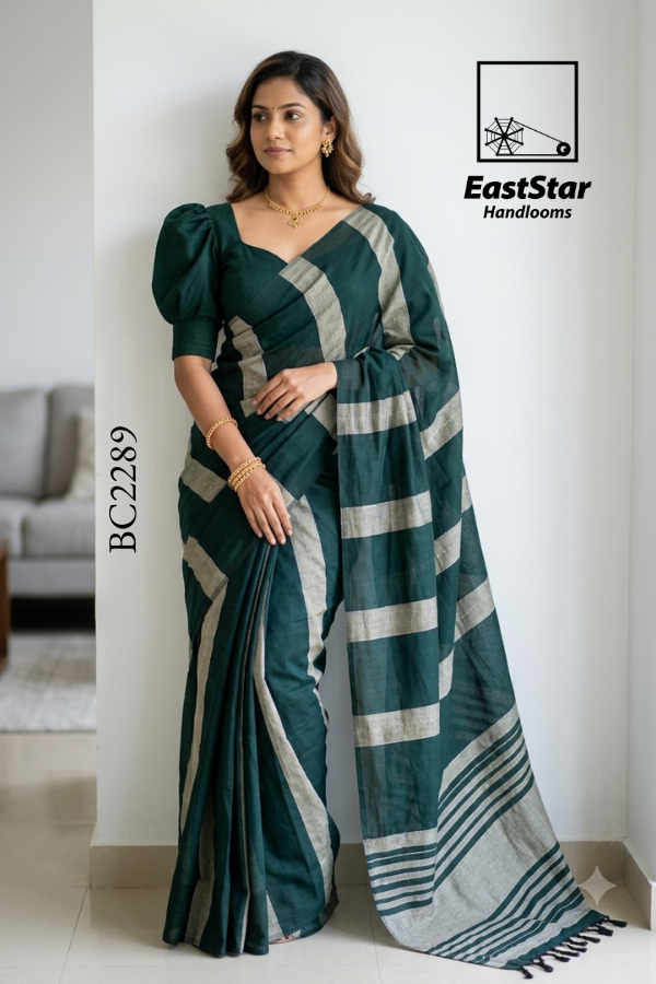 Emerald Green Handloom Cotton Saree BC2289 Emerald Green Handloom Cotton Saree BC2289