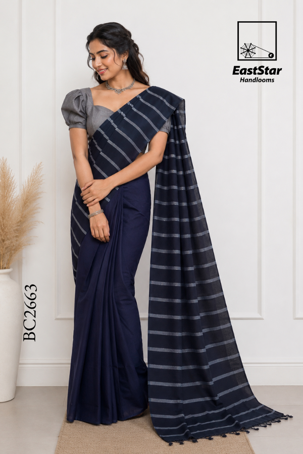 Navy Blue Handloom Cotton Saree BC2663 Navy Blue Handloom Cotton Saree BC2663