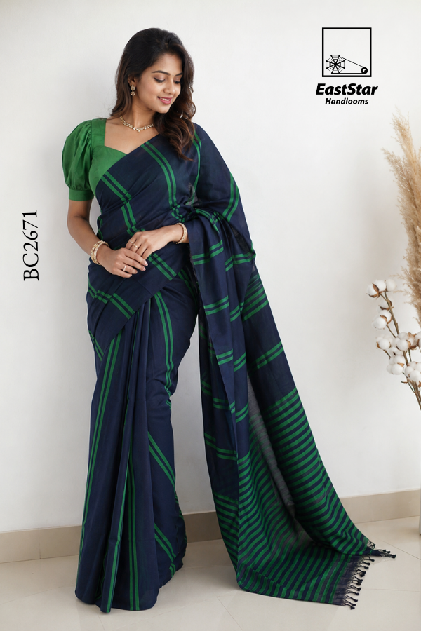 Navy Blue Handloom Cotton Saree BC2671 Navy Blue Handloom Cotton Saree BC2671