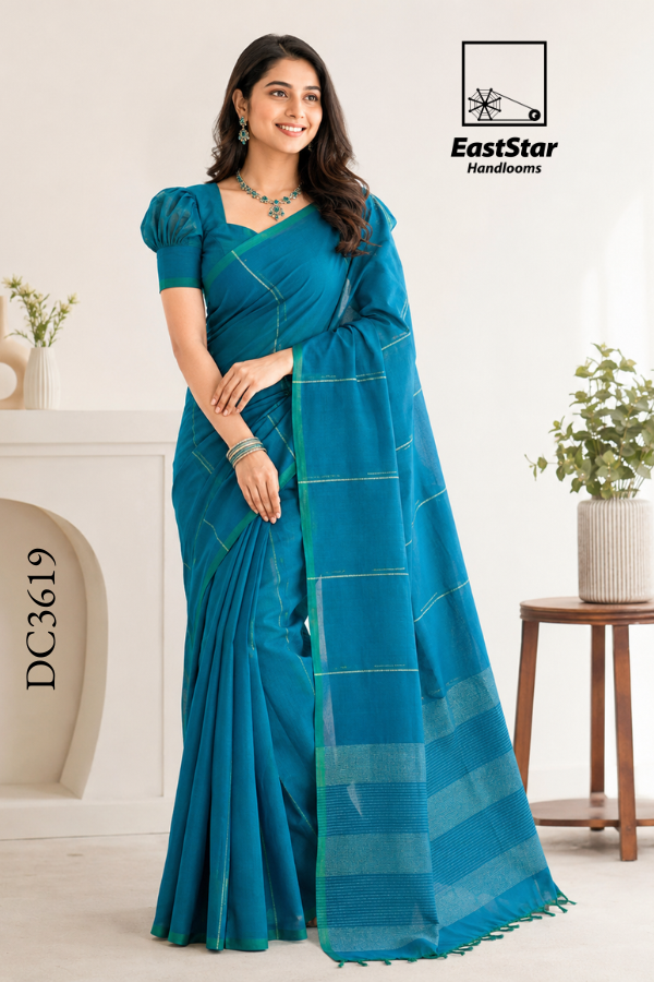 Peacock Blue Handloom Cotton Saree BC3619 Peacock Blue Handloom Cotton Saree BC3619