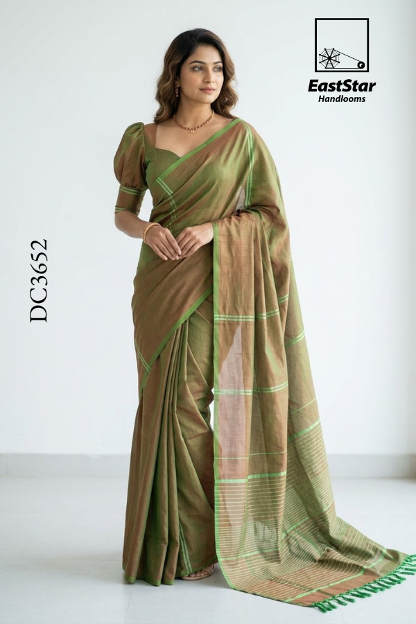 Olive-Green Handloom Cotton Saree DC3652 Olive-Green Handloom Cotton Saree DC3652