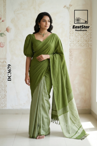 Olive Green Handloom Cotton Saree DC3679