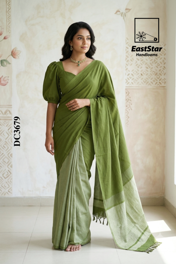 Olive Green Handloom Cotton Saree DC3679