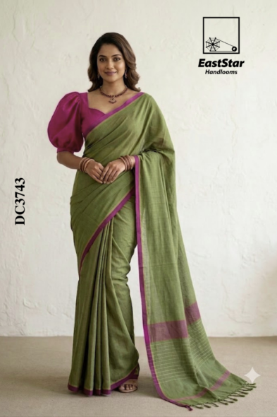Olive Green Handloom Cotton Saree DC3743